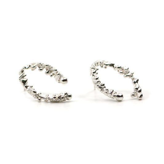 Pair of silver horseshow shaped earrings on a white background